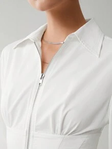 Anewsta Solid Zip Up Shirt Dress - Beige - View 4