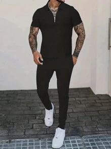 Manfinity Homme Hombres Pantalones con camiseta tejido de canalé con cremallera cuarta - Negro - Ver 1