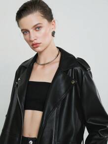 Anewsta 女士pu皮插肩領拉鍊風衣外套 - 黑色 - 查看 6