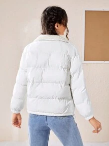 SHEIN EZwear 熊刺绣落肩双面夹棉大衣 - 白色 - 查看 2