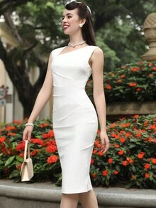 MUXXN Asymmetrical Neck Split Back Bodycon Dress - White - View 4