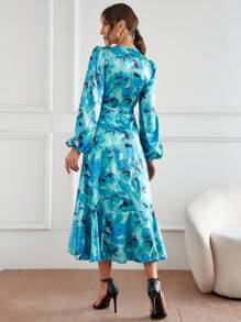 SHEIN Privé Allover Floral Print Lantern Sleeve Knot Side Wrap Dress - Multicolor - View 2