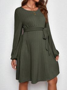SHEIN 孕婦燈籠袖繫腰帶洋裝 - 軍綠色 - 查看 5