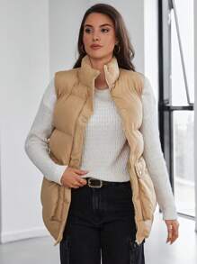 EURMUSE 1pc Flap Pocket Puffer Vest Coat - Beige - View 5