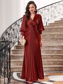 Twist Front Pleated Hem Satin Dress - Red - View 6