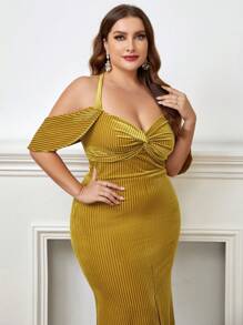SHEIN Belle Plus Cold Shoulder Twist Front Split Thigh Bridesmaid Dress - Gold - View 5