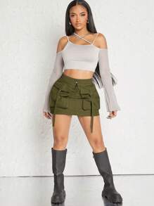 Hauture Flap Pocket Drawstring Waist Cargo Skirt - Army Green - View 7