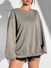 SHEIN EZwear 女士復古仙人掌印花圓領運動衫，適合秋冬穿著 - 深灰色 - 查看 3