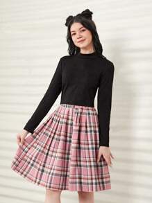 Teen Girls' Elegant Casual High Neck Crop Top & Plaid Mini Skirt Two Pieces Set - Multicolor - View 5