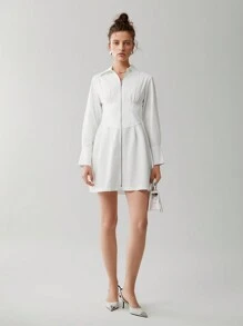 Anewsta Solid Zip Up Shirt Dress - Beige - View 7