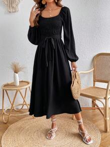 SHEIN VCAY Square Neck Lantern Sleeve Belted Dress - Black - View 5