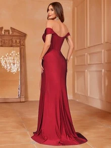 Faeriesty Off Shoulder Bodice Contrast Ruched Wrap Hem Formal Dress - Burgundy - View 2