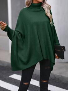 SHEIN Essnce 高領蝙蝠袖不對稱下擺斗篷毛衣 - 綠色 - 查看 1