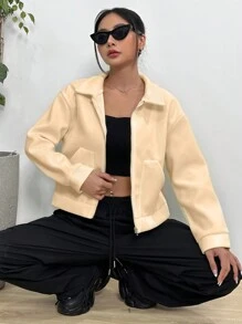SHEIN Unity Zip Up Drop Shoulder Overcoat Fall Cloth For Women - Beige - View 1