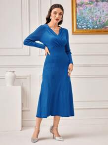 Modelyn Solid Surplice Neck Solid Sweater Dress - Blue - View 5