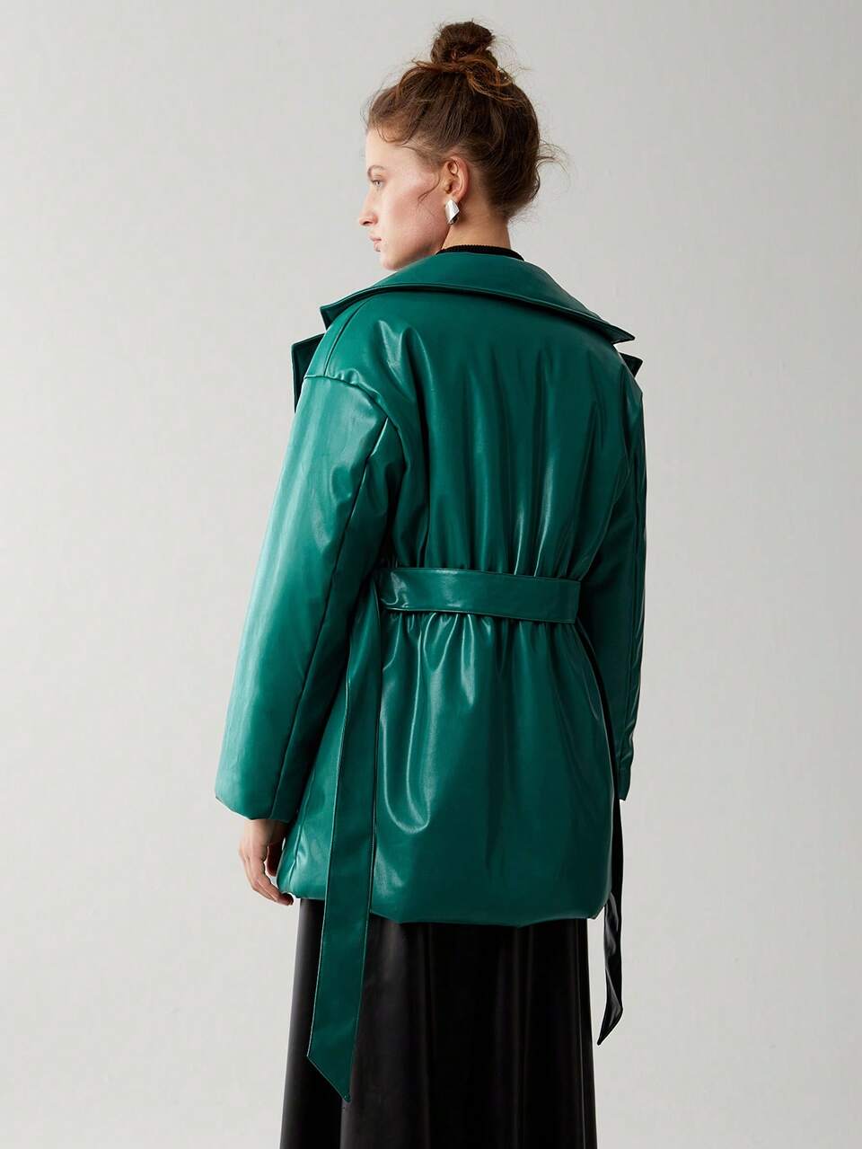 Flap Pocket Belted PU Leather Padded Coat