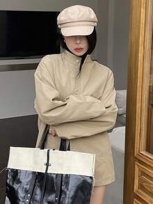 DAZY Chất rắn Thả vai Nút phía trước áo - Màu Khaki - Xem 6
