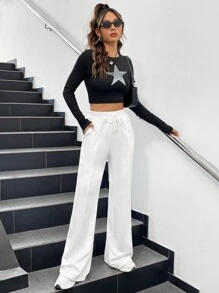 SHEIN EZwear Eo dây rút quần ống rộng Quần thể thao - trắng - Xem 5