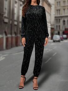 SHEIN LUNE Allover Print Velvet Sweatshirt & Sweatpants - Black - View 4