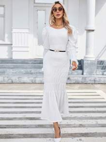 SHEIN Privé Solid Puff Sleeve Mermaid Hem Dress Without Belt - Beige - View 1