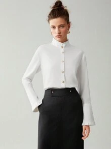 Chiquease 素色褶邊喇叭袖襯衫