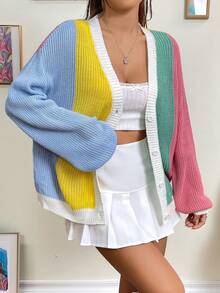 SHEIN EZwear 撞色落肩袖開襟衫 - 彩色 - 查看 6