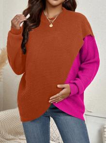 SHEIN Maternity Two Tone Drop Shoulder Asymmetrical Hem Sweater, For Winter - Orange - View 6