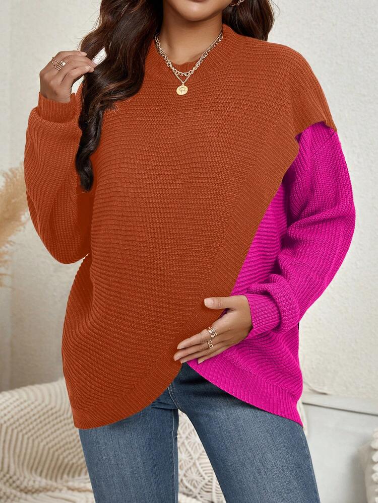 SHEIN Maternity Two Tone Drop Shoulder Asymmetrical Hem Sweater, For Winter - Orange - View 6