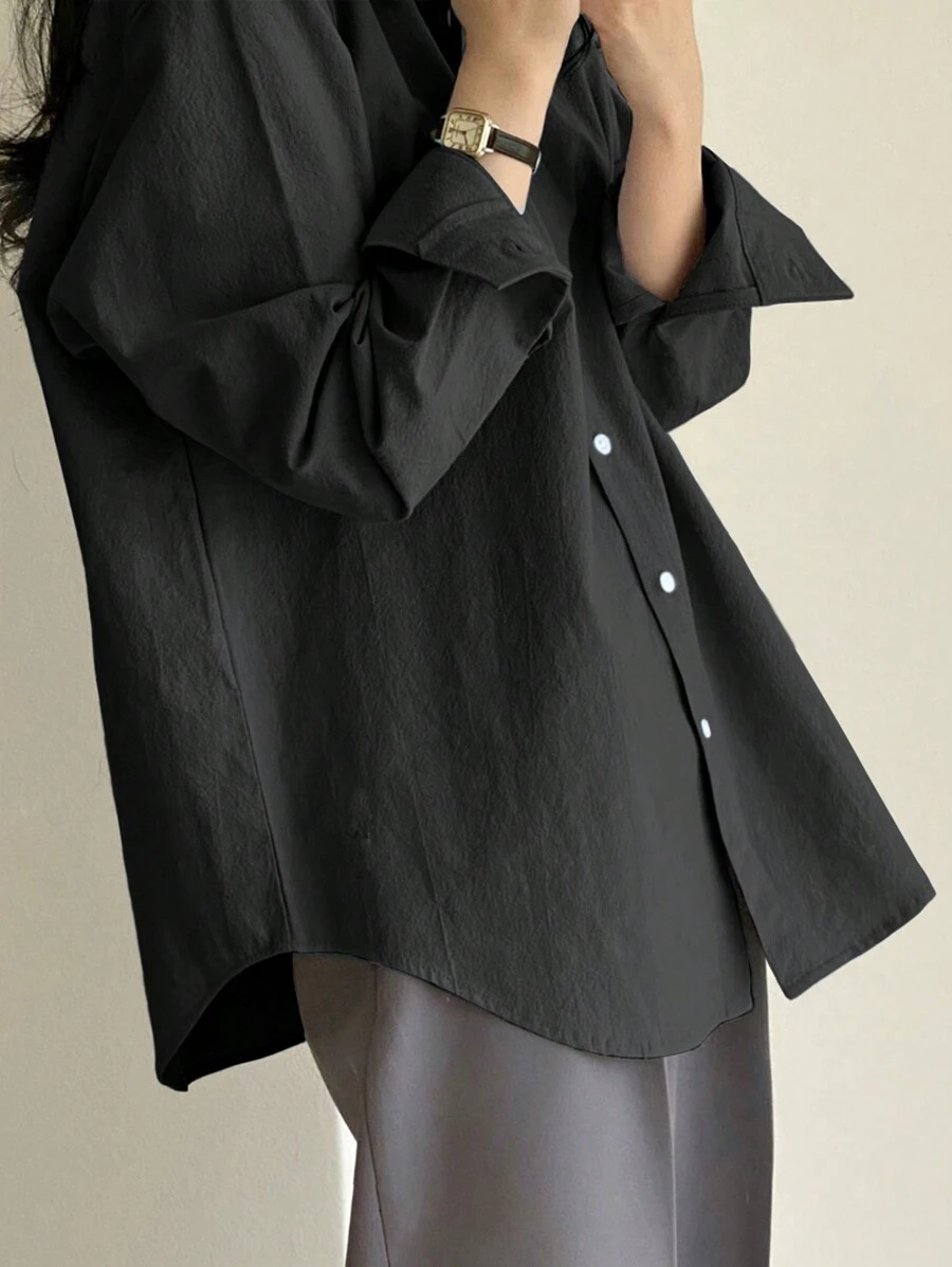 DAZY Solid Drop Shoulder Oversized Shirt,Long Sleeve Tops,Fall Clothes - Black - View 1