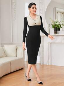 Modelyn Pulloverkleid mit zweifarbig Knopf Detail, - Schwarz - Übersicht 4