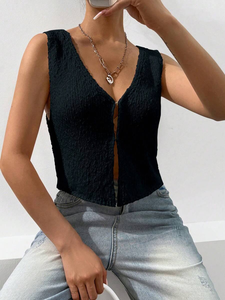 EgrlEra Chất rắn Nút phía trước Áo Tank dệt kim - màu đen - Xem 1