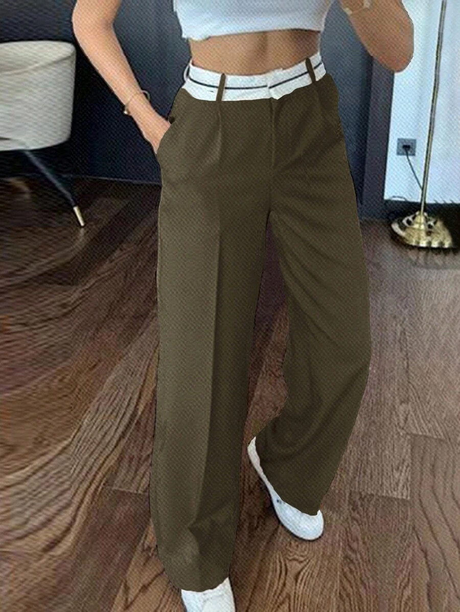EURMUSE Contrast Waist Wide Leg Suit Pants - Dark Green - View 1
