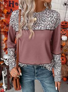 SHEIN LUNE Camiseta de hombros caídos con estampado de leopardo - Rosa vieja - Ver 3