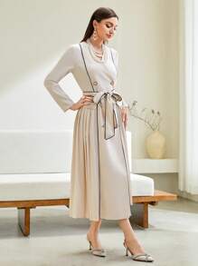Modelyn Contrast Binding Belted Dress - Apricot - View 6