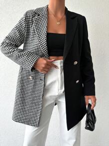 EURMUSE Houndstooth Print Suit Collar Jacket - Black and White - View 1