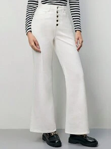 SHEIN Frenchy Button Fly Flare Leg Jeans - White - View 4