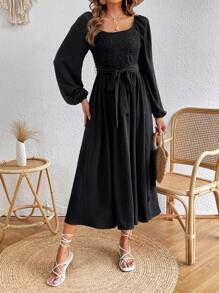 SHEIN VCAY Square Neck Lantern Sleeve Belted Dress - Black - View 3