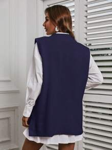 EURMUSE Solid Split Hem Sweater Vest Without Blouse - Navy Blue - View 2