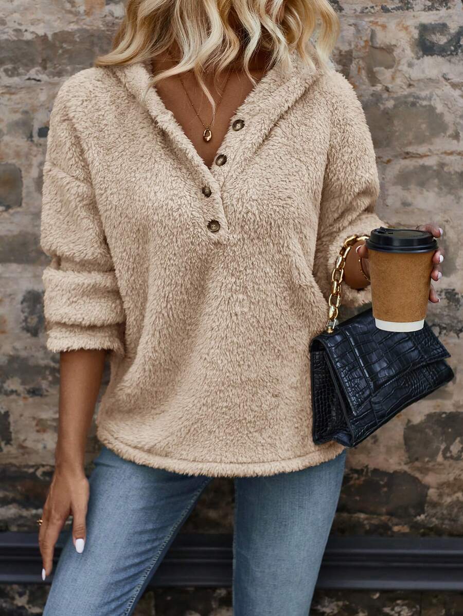 SHEIN LUNE Half Button Drop Shoulder Flannel Hoodie - Apricot - View 1