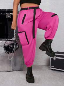 SHEIN CURVE+ Hơn Túi nắp bên cạnh Buckled Thắt lưng Quần Cargo - Nhiều màu - Xem 3