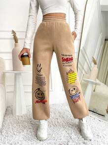 SHEIN Cottnline Slogan & Cartoon Graphic Elastic Waist Sweatpants - Apricot - View 1