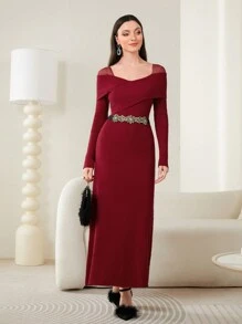 Modelyn Women's Solid Color Mesh Panel Cross Front Sweater Dress - Burgundy - View 3