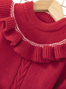 SHEIN Young Girl Ruffle Trim Lantern Sleeve Sweater Dress - Burgundy - View 3