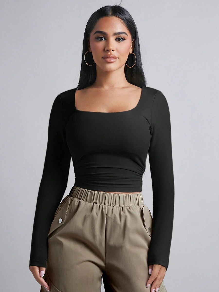 SHEIN PETITE 方领侧褶春季女装黑色 T 恤 - 黑色 - 查看 1