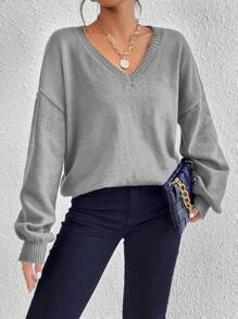 SHEIN Essnce V Neck Drop Shoulder Sweater - Grey - View 7