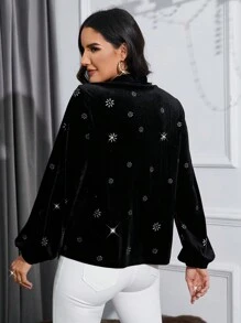 Chiquease Snowflake Print Tie Neck Lantern Sleeve Tee - Black - View 2