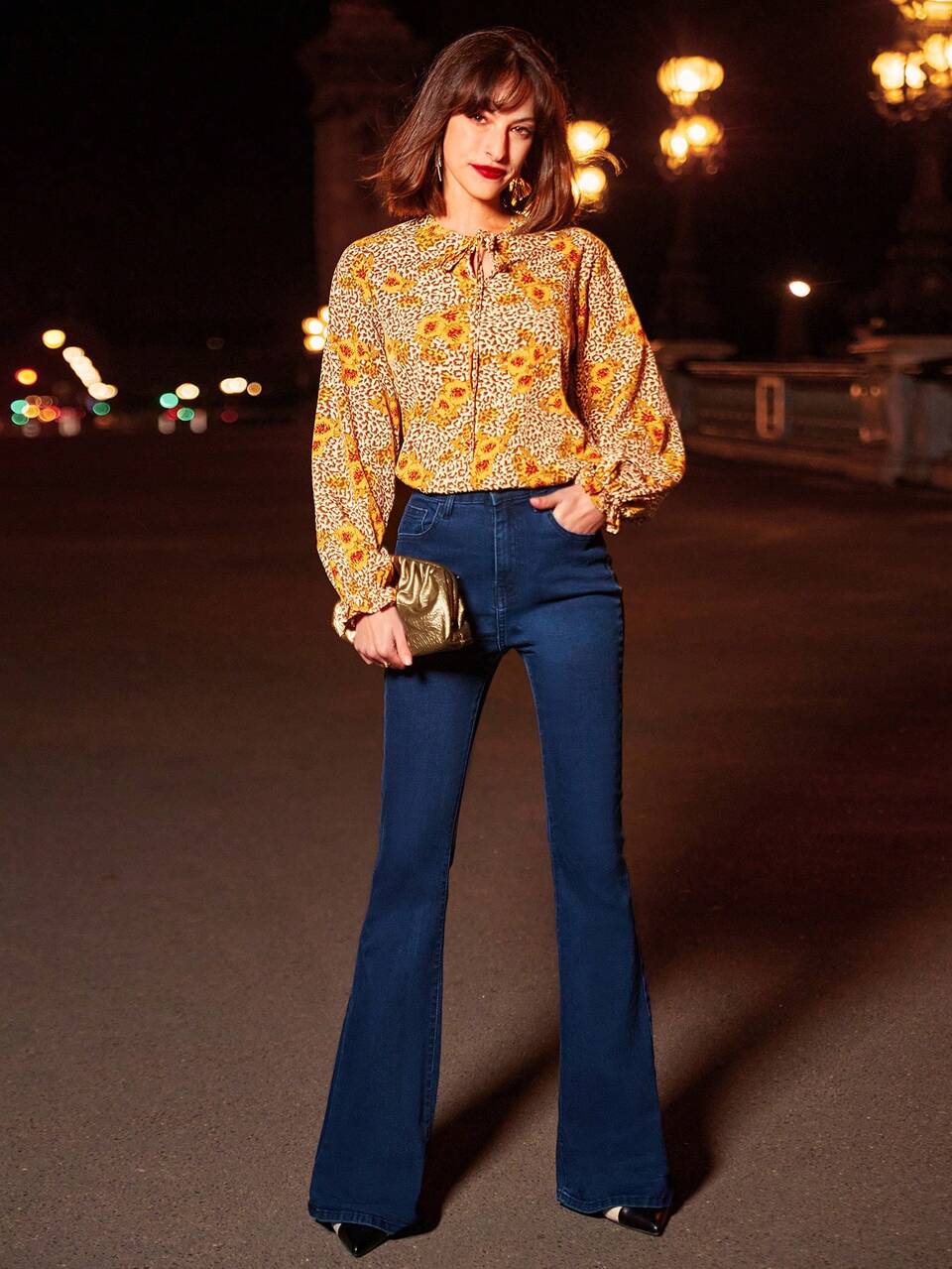 Leopard & Floral Print Tie Neck Lantern Sleeve Blouse Winter Vacation Flower Casual Elegant