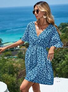 EURMUSE Floral Print V-neck Belted Dress - Blue - View 4