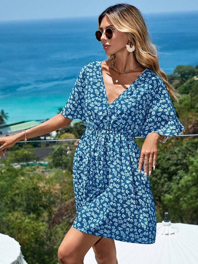 EURMUSE Floral Print V-neck Belted Dress - Blue - View 4