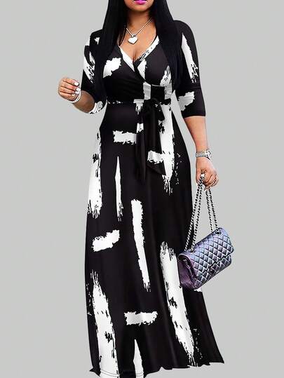 Vestido multicolor de mujer con cuello en V profundo y diseño de cintura, elegante para salir a cenar, ir de compras y otras ocasiones